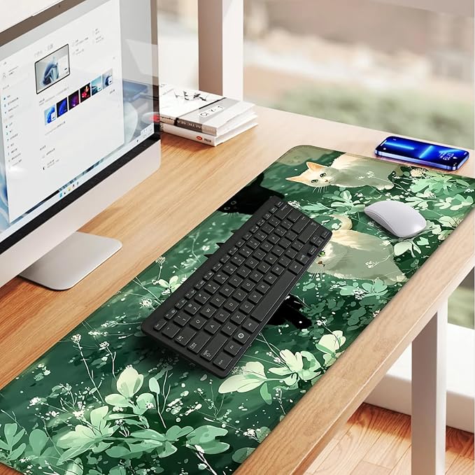 Cute Cat Mouse Pad Large Gaming Desk Mat - Kawaii Black and White Cats in Green Forest, Extended XL Mousepad with Non-Slip Rubber Base for Office, Home, PC, Laptop
