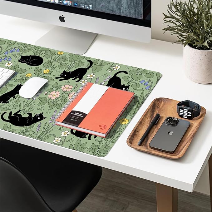 Cute Desk Mat, Grassland Cat Large Mouse Pad for Desktop, PU Leather Waterproof Desk Pad, Anti-Slip Computer PC Laptop Protector Gaming Mouse Pads for Office Home Decorations (27.5" x 13.8")