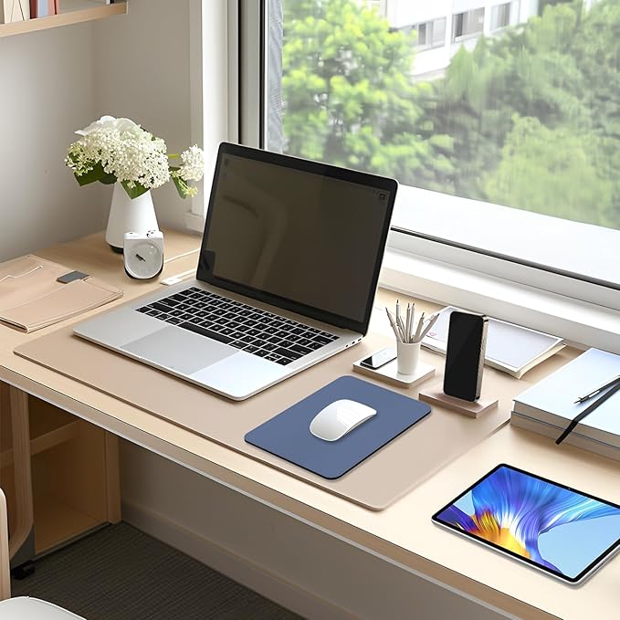 Leather Mouse Pad, Office Mouse Mat Non-Slip Rubber Base Stitched Edge Washable Waterproof Rectangular Mousepad for Office Gaming PC Laptop, 9.8" x 7.9", Gray Blue