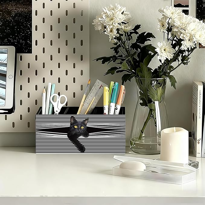 Funny Black Cat Pen Pencil Holder for Desk, Black Cat Mom Lady Lovers Gifts for Women, Pet Lover Gifts Wooden Box Sign Decorations for Home Office Desk Tabletop