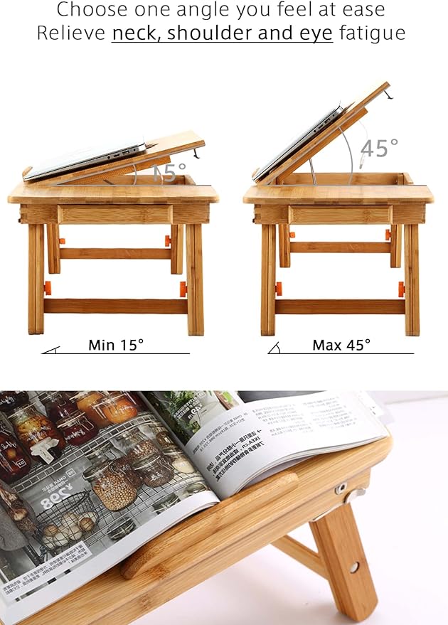 Laptop Desk Nnewvante Table Adjustable Bamboo Foldable Breakfast Serving Bed Tray w' Tilting Top Drawer