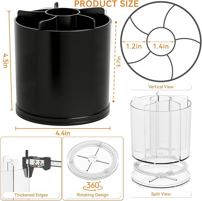 Yieach 360 Rotating Acrylic Black Pen Holders and Pencil Cups for Desk,Small Cute Desk Organizers Accessories and Makeup Brush Holder,Spinning Pencil Caddy School Supplies Organizer for Teacher,1PCS
