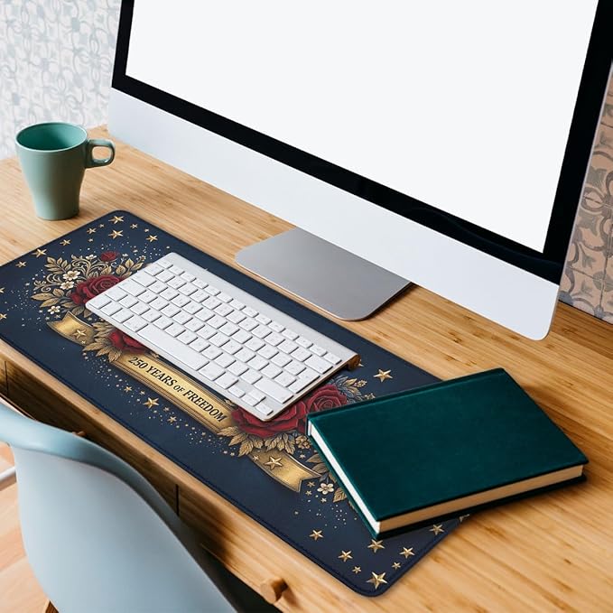 250 Years of Freedom Gaming Mouse Pad Cartoon Flowers USA Commemorative Mousepad Extended Large Laptop Keyboard Non-Slip Rubber Base with Stitched Edges for Home 31.5x11.8 Inch