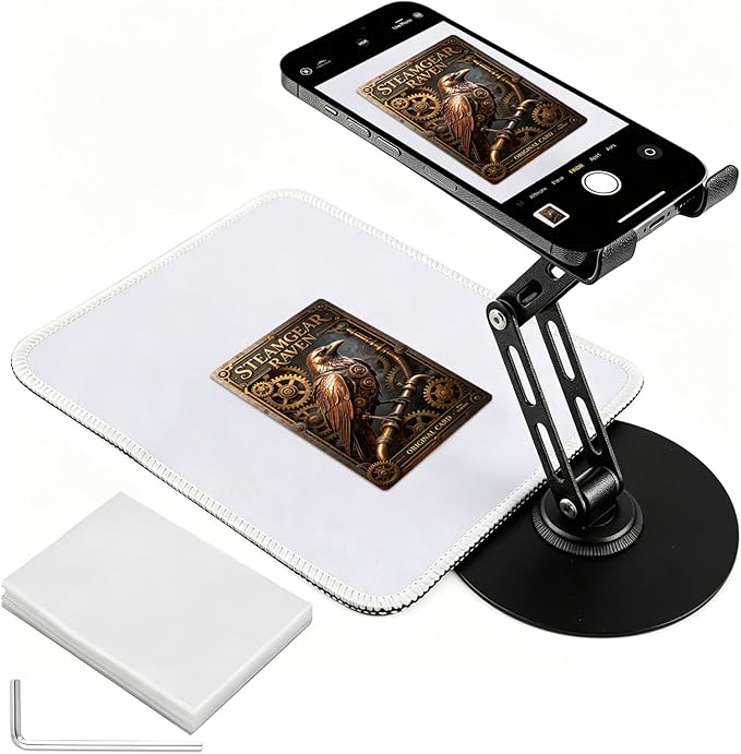 Foldable Trading Card Scanner Stand, Carbon Steel Phone Holder with Scanning Pad and 100 Standard Sleeves, for Sleeved/Unsleeved Collectible Cards, Compatible with iOS and Android