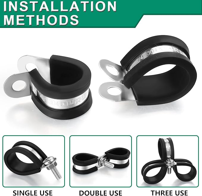 OURU 30pcs 1/4 Inch Stainless Steel Rubber Coated Cushioned Insulated Cable Clamps,Automotive Pipe Metal Clamps for Tube,Lines,Wire Cord Installation(Black,6mm)