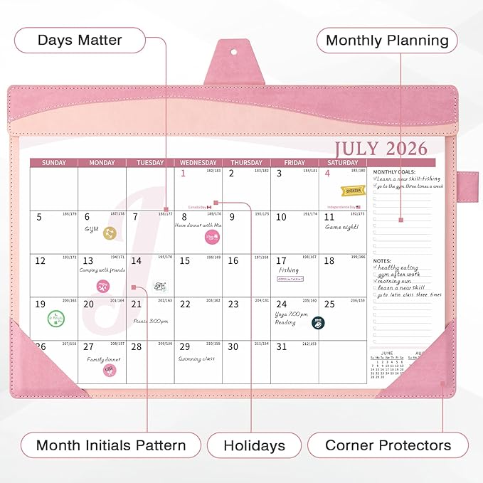 Ospelelf Desk Calendar 2026-2027 Large 12"x17" Leather Monthly Planner Pad with Protective Cover 18 Months Use July 2026 to December 2027 Pink