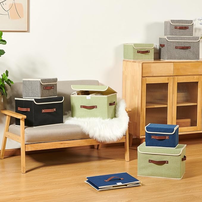 Storage Boxes with Lid Cotton Linen Fabric Storage Bins Organizer Container Decorative Collapsible Washable Shelf Baskets Faux Leather Handles for Home Bedroom Closet (Gray, Large Size)