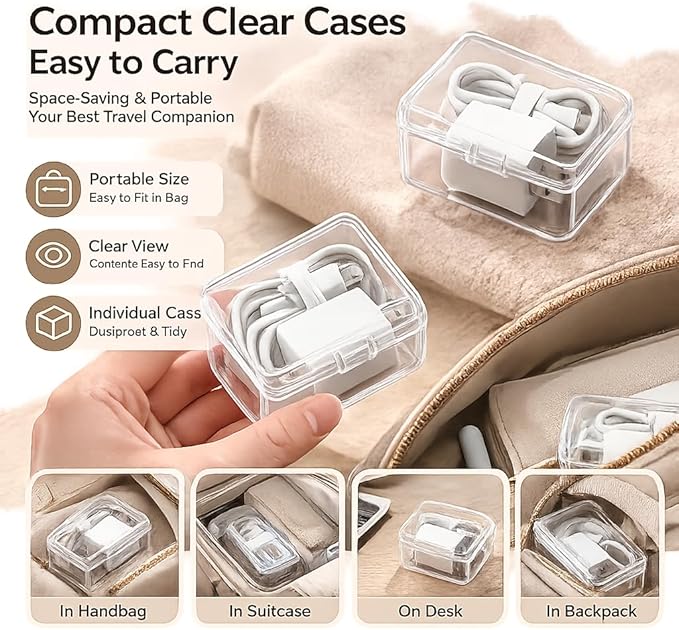 Cable Organizer Storage Box with 8 Wire Ties and Label Stickers,Desktop Charger Cable Management Box with Switch, Cord Organizer for Office,Home,Desk Accessories Storage Stationery Supplies（Clear）