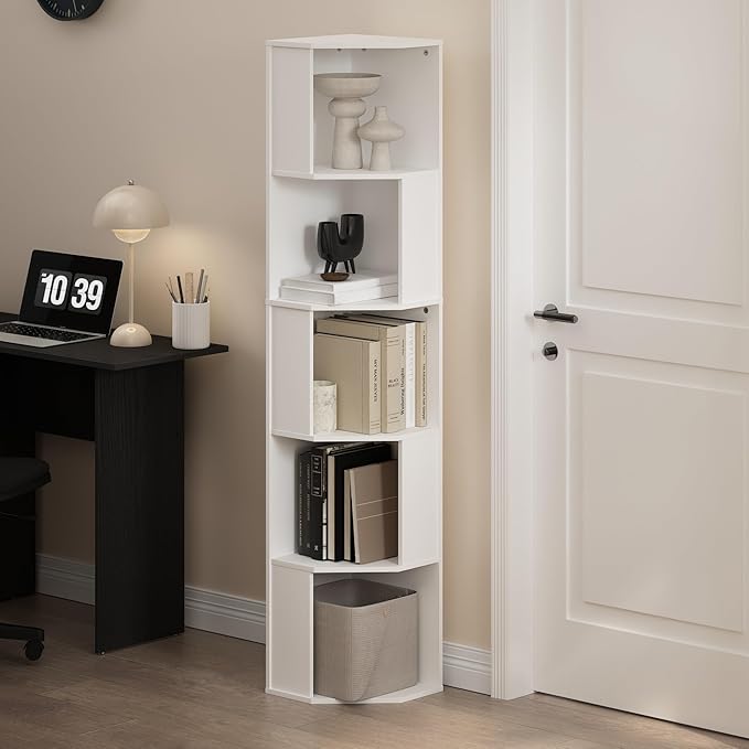 Furinno ECON Corner Shelf, 5-Tier Corner Book Shelf, Standing Storage Shelves, Cube Display Rack, Bookshelf, for Organization and Storage, Living Room, Home Office, White
