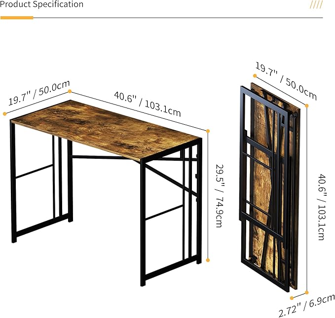 Lutown-Teen 40 inch Folding Computer Desk, Writing Gaming Computer Camping Desk, No Assembly Required Home Office Table, Rustic Brown