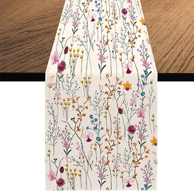 Watercolor Wild Flowers Table Runner, Seasonal Summer Colorful Flowers Holiday Kitchen Dining Table Decoration for Home Party Decor 13 x 108 Inch