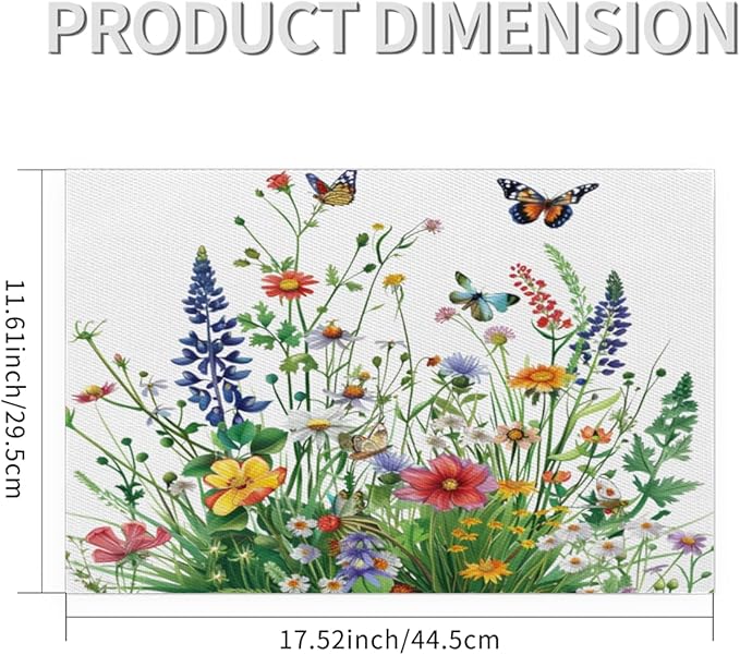 Placemats Set of 4 Heat-Resistant Rectangle Place Mats Grass Flower Floral Washable Plastic PVC Dining Table Mat Non-Slip Wipeable Woven Vinyl Placemat for Kitchen Patio Table Decor