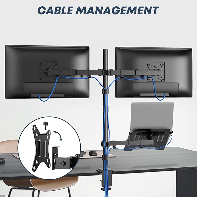 Dual Monitor Stand and Laptop Mount Fit Two 17 to 32 Inch Monitor and 10 to 15 Inch Laptop,Extra Tall Adjustable Stand,19.8 lbs Weight Capacity per Arm,Black