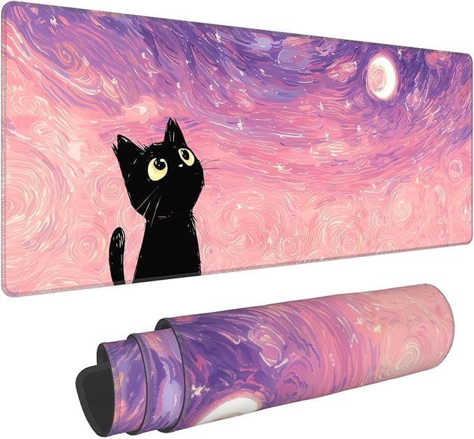 Starry Night Cat Cute Mouse Pad,Large Pink Gaming Mousepad,Extende Dreamy Anime Washable Keyboard Desk Mat,Kawaii Stitch Mousemat for Women Girls,31.5 x 12in