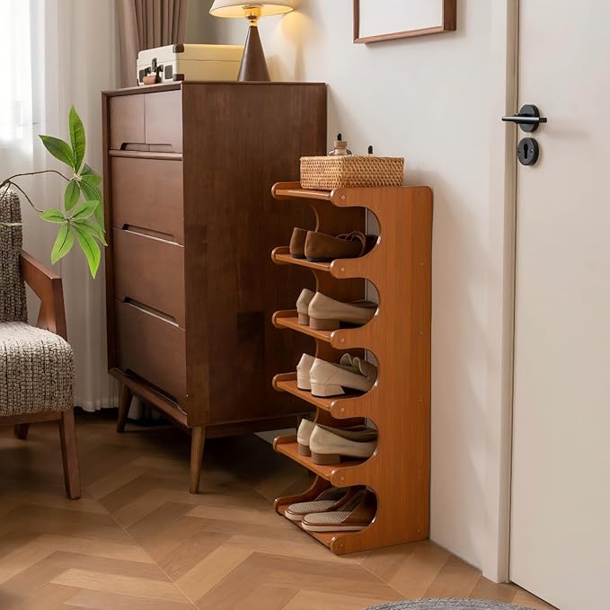 Narrow Shoe Rack for Entryway,Corner Shoe Rack— Wooden, Freestanding, Multi-Tier Shoe Storage Units Suitable for Entryways, Hallways, Bedrooms, Living Room Corners, and Compact Spaces(6th Floor)