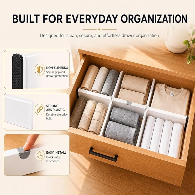 Adjustable Drawer Dividers – Expandable 14.7–21” Drawer Organizer with Non-Slip Ends, Easy Install for Kitchen, Dresser & Closet Storage (“White”)