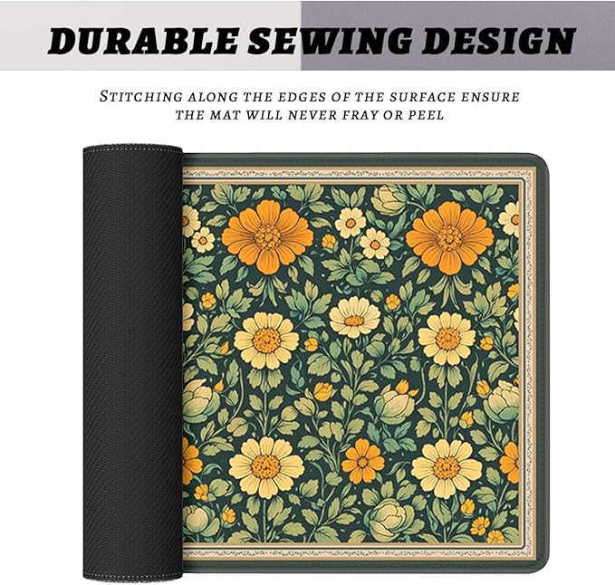 Vintage Floral Mouse Pad, Dark Green Orange Garden Gaming Desk Mat Extended Laptop Keyboard Non-Slip Rubber Base with Stitched Edges for Home, 31.5x11.8in Desk Home Office Gaming