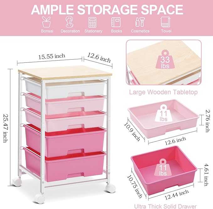 SYKIARIOL Utility Cart with 5 Drawers,Storage Drawer Cart with Wooden Tabletop and Lockable Wheels,Craft Storage Trolley Cart,5-Tier Rolling Utility Cart on Wheels,Rose Pink