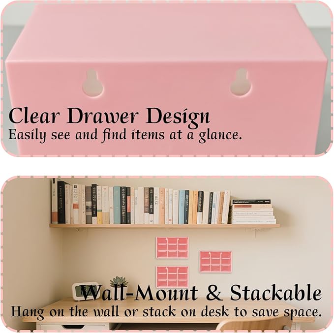 Small Drawer Organizer for Desk, 7.1" x 3.8" x 4.6" Mini Desktop Drawer Organizer with 9 Clear Drawers, Compact Craft & Office Supplies Organizer for Home School (Pink)