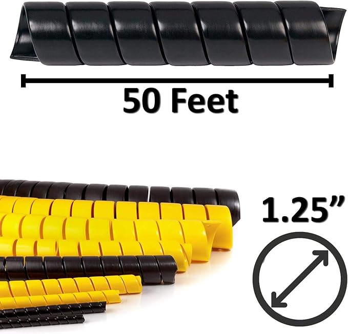 Electriduct 1.25 Inch Heavy Duty Spiral Wrap HDPE Flexible Plastic Cable Sleeve Hose Protector 50 Feet - Black
