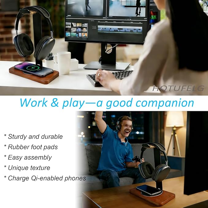 Handmade Solid Wood 2-in-1 Headset Stand with Wireless Charger 15W Max, Wireless Charging Dock Compatible with iPhone 17/16/15/14 /Samsung Series,Universal Holder for All Desk Headphones