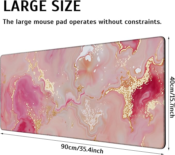 Pink Gold Marble Mouse Pad,35.4 x 15.7 Inch Large Mouse Mat Non-Slip Rubber Stitched Edges for Writing Desk,Office,Home,Laptop