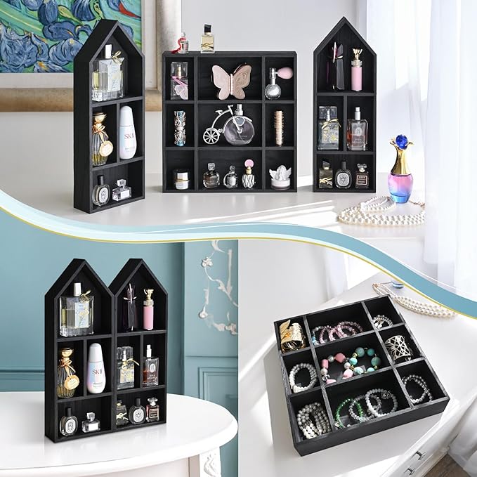 Ikee Design 3 Pcs Set Wooden Shadow Cubby Box Display Shelf Organizer Storage Shadow Box for Collectibles, Mini Figures, 17 compartments, Black Color, 22.8W x 2.4D x 15.7H in