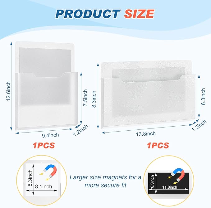 Feifeiya 2 Pcs Magnetic File Folder Wall Hanging Holder Large Pocket Paper Magazine Mail Organizer for Refrigerator Classroom Locker Whiteboard(Mixed,Clear,13.8 x 8.3 Inches,12.2 x 9.4 Inches)