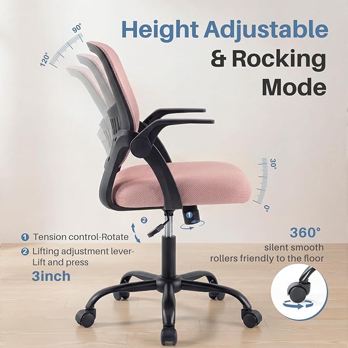 DUMOS Home Office Desk Chair - Ergonomic Computer Mesh Chair with Lumbar Support & Rocking Mode, Height Adjustable with Flip-up Armrest, for Conference, Meeting Room, 360° Swivel, Adults, Pink