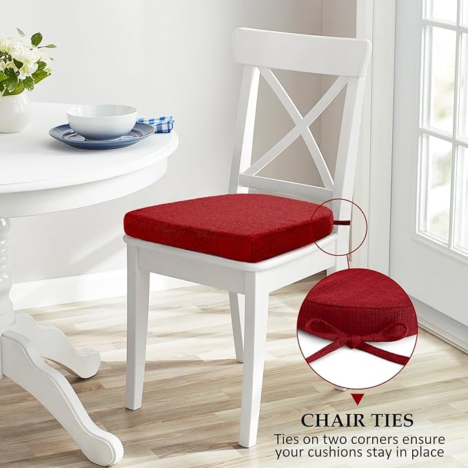 Wellsin Chair Cushions for Dining Chairs 6 Pack - Kitchen Chair Cushions with Ties and Non-Slip Backing - Dining Chair Pads 16"X16"X2", Red