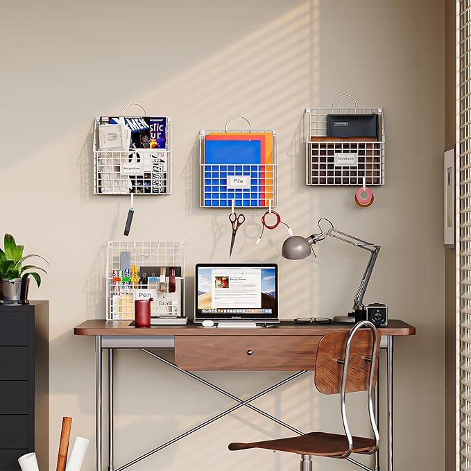 Yuzehuaza Wall File Organizer Metal Hanging File Organizer,Wall Mount File Holder, Magazine Rack and Mail Holder with Hooks for Home Office, 4 Packs, White(Patent Pending)