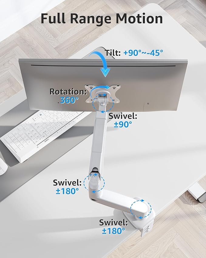 MOUNTUP Single Monitor Desk Mount Holds Screen up to 32 inch, Height Adjustable Monitor Arm, Full Motion Computer Monitors Stand with Clamp/Grommet Base, VESA Mounts Fit 4.4-17.6lbs Computer, White