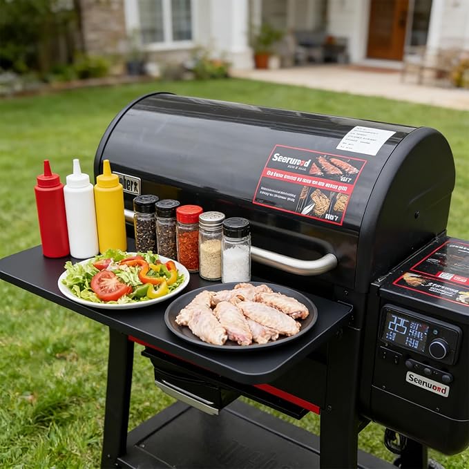 Utheer Folding Front Shelf for Weber Searwood 600 XL Pellet Grill, 35" x 12.5" Heavy-Duty Steel BBQ Prep Table, 60 LB Load, Space-Saving Front Grill Shelf, Heavy-Duty Weber Searwood XL 600 Accessories