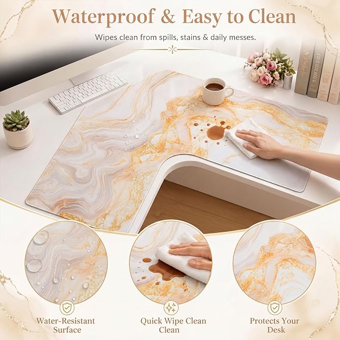Relaxweex L Shaped Desk Mat for 90° Corner Desks, 26" x 26" Gold Waterproof Mouse Pad with 18" Inner Corner, Non-Slip Rubber Desk Protector for Office & Gaming