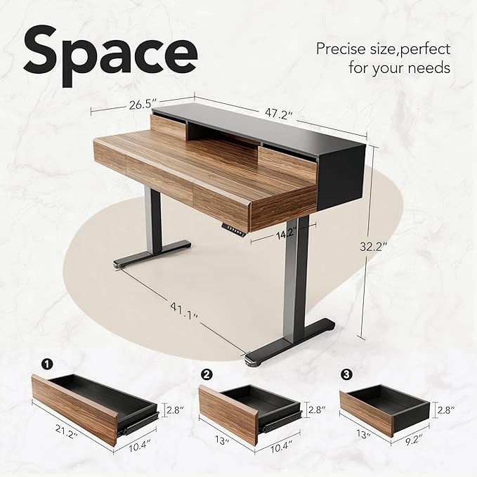 HUANUO Standing Desk with Drawers, 48 Inches Electric Height Adjustable Desk with Storage, Whole-Piece Board Sit Stand Up Desk with Monitor Shelf, Black Walnut