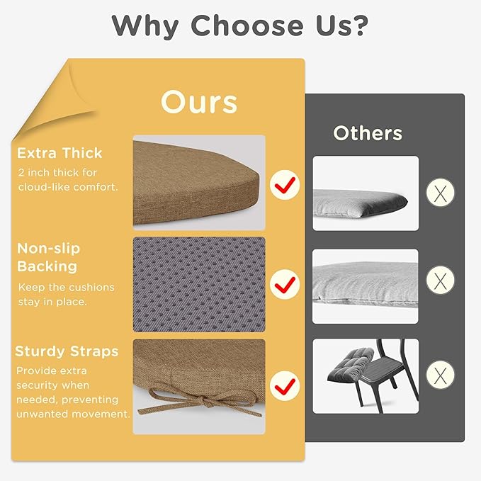 Windsor Chair Cushions for Dining Chairs 4 Pack Non Slip Kitchen Seat Cushion with Ties and Washable Covers Indoor Comfortable Seat Pad with Thick Foam 16.5" x 15.5" x 2" Brown