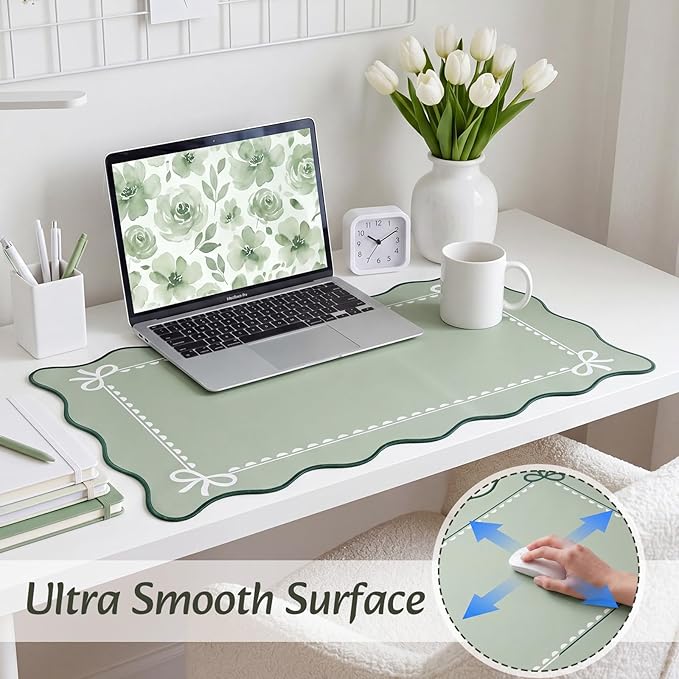 Scalloped Bow Desk Mat Cute Coquette Large Mouse Pad Kawaii Cottagecore ‌Vintage‌ Rustic Keyboard Pad Nonslip 2026 Graduation Gift with Stitching Waterproof Gaming(Sage Green)