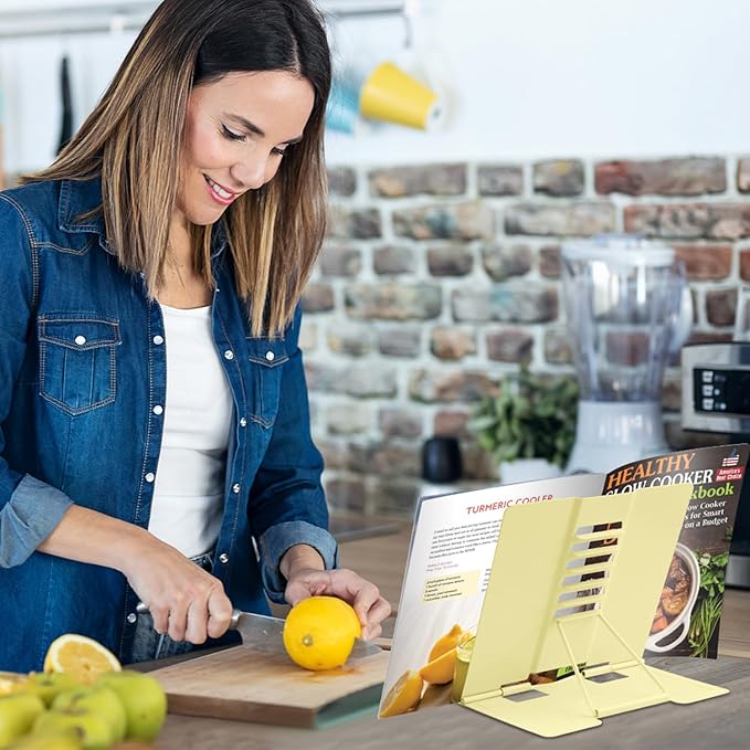 Honagu Book Stand Metal Desk Book Holder, Book Holders for Reading Hands Free, Adjustable Cookbook Documents Holder, Portable Bookstand for Music Books, Textbook, Recipe, Tablet, Ipad（Light Yellow）