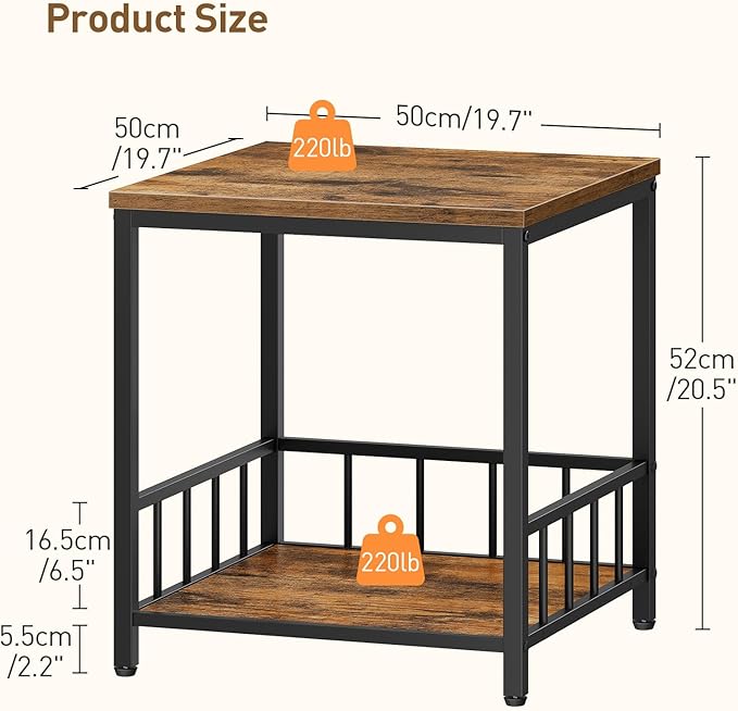 RALGEND End Table, Mini Fridge Stand with Storage, 20" Mini Fridge Cabinet with 2-Tier Storage Shelves, Mini Fridge Table Adjustable Feet, for Kitchen, Living Room, Rustic Brown and Black 5001RSBF