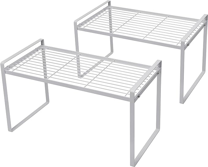 Shantton 2Pack Cabinet Shelf Organizer Storage Rack Space Saving for Kitchen Counter Pantry Bathroom Cupboard Under Sink Office Table Steel Stackable Rust Resistant Heavy Duty Nonslip 16” White - Tall
