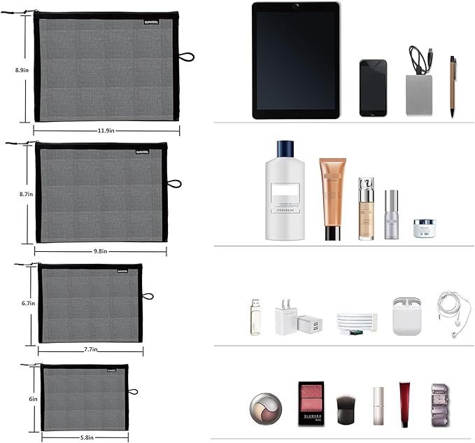 SUPACOOL Set of 8 Travel Mesh Makeup Bag, Cosmetic Organizer Pouches with Zipper, Diaper Organizing Pouches, Nylon Toiletries Bag for Women and Men(8pcs, Black)