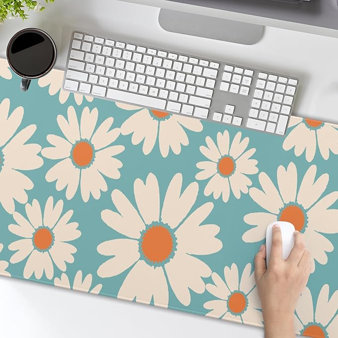 Cute Daisy Flowers Mouse Pad Gaming 31.5x11.8 in Floral Desk Mat Extended Anti-Slip Big Mousepad With Stitched Edges White Daisy Keyboard Pad Mouse Mat Blue for Computer Work Gaming