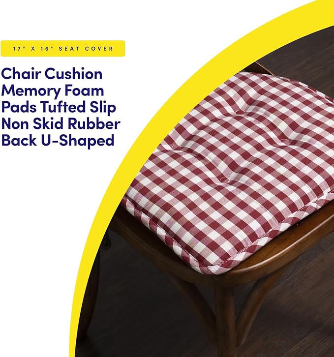 Sweet Home Collection Chair Cushion Memory Foam Pads Tufted Slip Non Skid Rubber Back U-Shaped 17" x 16" Seat Cover, 2 Count (Pack of 1), Checkered Wine/White