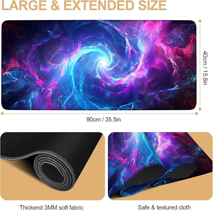 Large Mouse Pad, Cosmic Swirl Desk Mat, Extended Gaming Mouse Pad with Non-Slip Rubber Base, Thick 3mm Smooth Surface Keyboard Mat for Office & Home,35.5 x 15.8 in