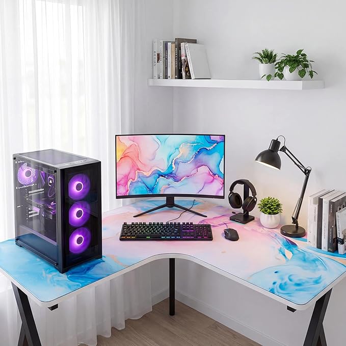 Relaxweex L Shaped Desk Mat for 90° Corner Desks, 26" x 26" Blue&Pink Waterproof Mouse Pad with 18" Inner Corner, Non-Slip Rubber Desk Protector for Office & Gaming