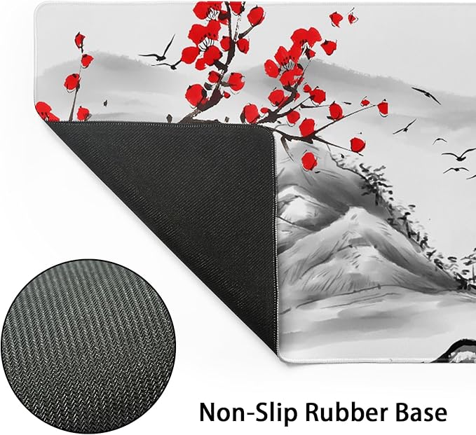 Watercolor Cherry Blossom Mouse Pad 35.4x15.7in Extended Large Japanese Sakura Full Desk Pad Non-Slip Rubber Base With Stitched Edges for Home Work Laptop Desktop