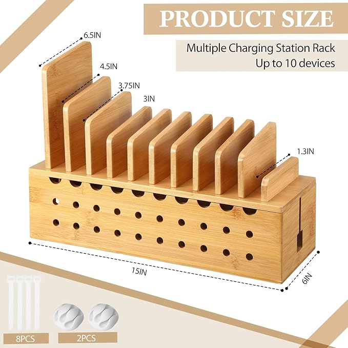 Bamboo Charging Station for Multiple Devices, Cell Phone Docking Charging Station Organizer and Cord Organizer for 10 Devices for Power Strip Storage, Phones and Tablets(Primary Color)