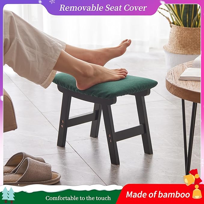 Kitsanery Foot Stool,Ottoman,Bamboo Small Sofa Foot Rest Under Desk,Extra Seating for Living Room, Bedroom and Kitchen (Black Stool Legs - Green Surface)