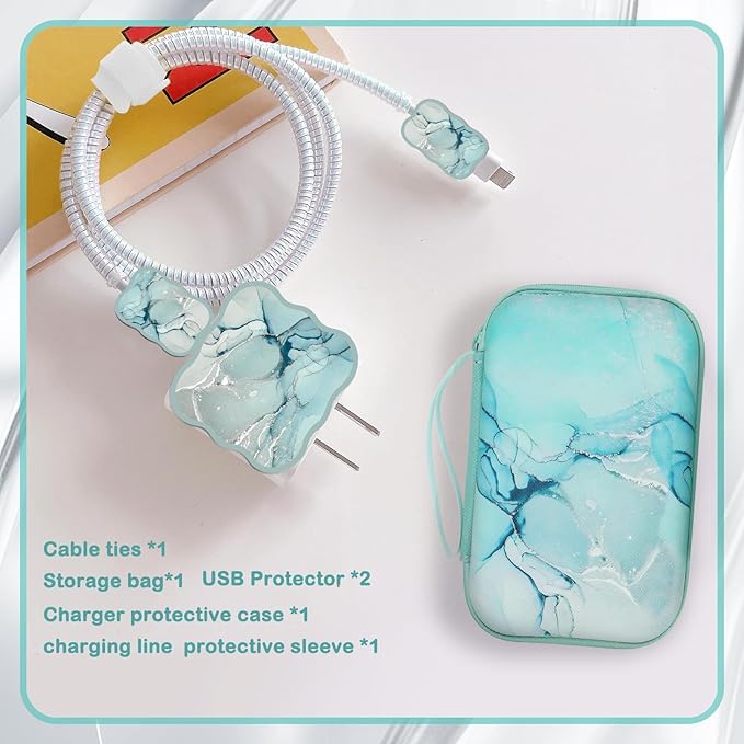 CameCosy DIY Phone Charger Cover Storage Sets USB Earphone Wire Saver Cable Organizer with Travel Storage Bag, Soft Cute Cable Protector Phone Charger Protector Compatible for iPhone(Green Marble)