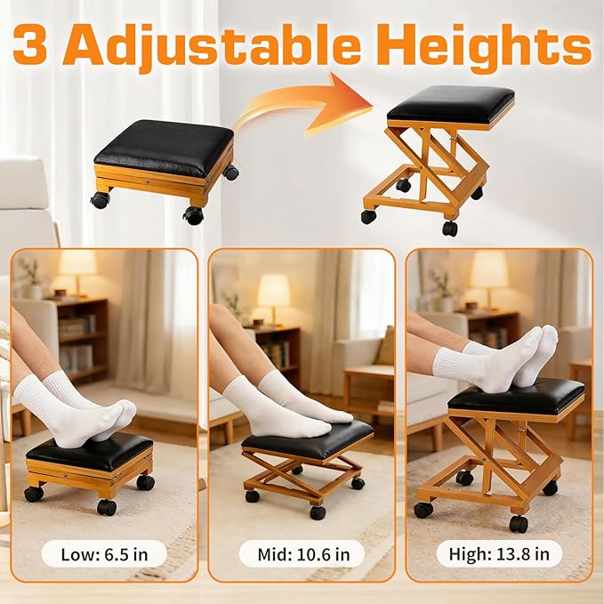 Foot Rest Under Desk, Under Desk Footrest with Adjustable Height & Lockable Wheels, Foot Stool for Home Work Room Comfort